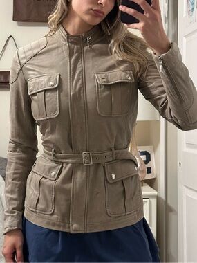 Paul & Joe Taupe Utility Belted Lamb Leather European Jacket with pockets Sz 38